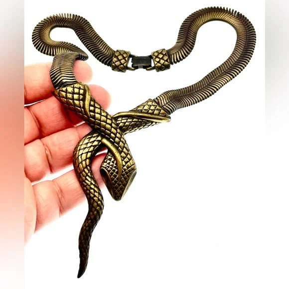 Vintage Bronze Tone Mesh Chain Snake Necklace Choker Bold Unique Statement - Picture 5 of 8